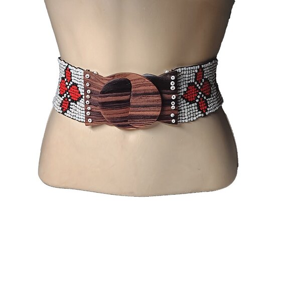 Wide Belt Stretch Red Star Flowers Beaded Boho Tribal Stretchy Wooden Buckle main image 11